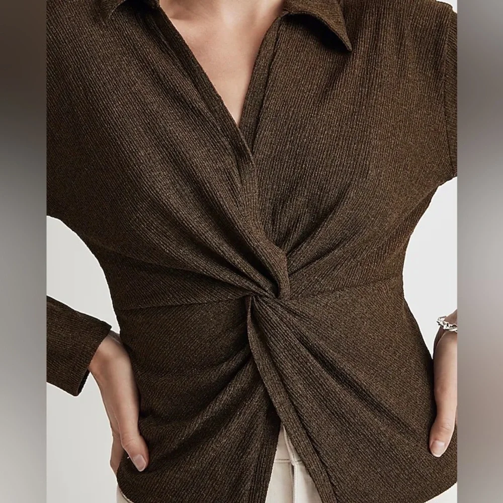 NWT Madewell Twist Front Long Sleeve Shimmery Top Womens S Green Button Mature - Picture 3 of 13